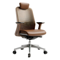 Modern office chair with mesh back and brown leather seat