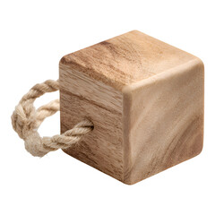 A wooden cube with a rope handle attached to it against a white background
