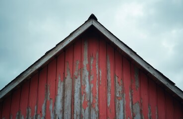 Weathered red barn roof gable under overcast sky. Peeling paint reveals aged wood planks. Rural architecture texture, classic country building facade.