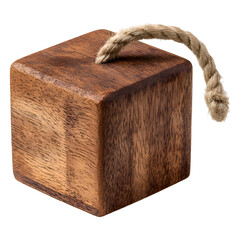 A rustic wooden block with a natural rope handle tied around it.