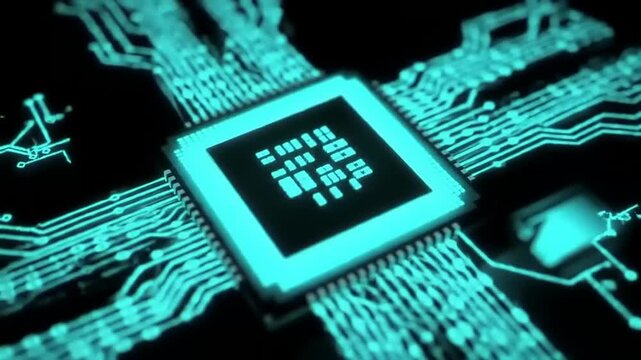 Vibrant glowing blue circuit board with a central processing unit, illustrating advanced digital technology, intricate data processing, and the core essence of modern computing power