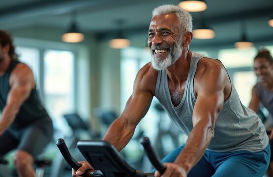 Smiling older African American man exercises on stationary bike in gym. He works out with intensity to stay fit and healthy. Another people train nearby.