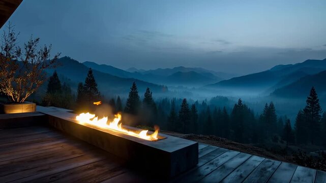 Fire pit glows against mountain backdrop during twilight in serene landscape