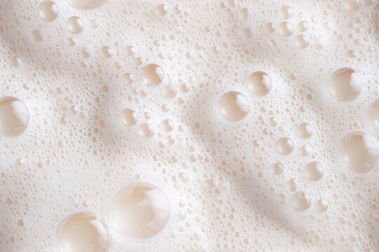 White foam with liquid drops creates a food pattern. Abstract milk texture for a food background. Creamy fluid for beverage, drink.