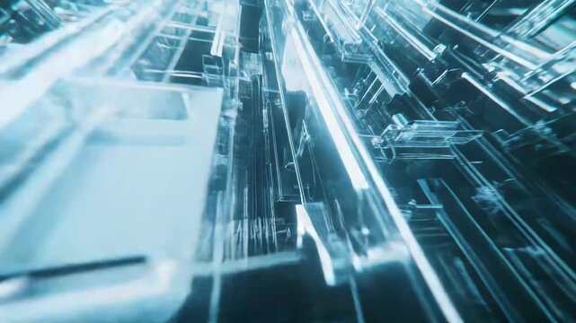 Abstract technology background with glowing cyan light illuminating clear geometric structures, creating a futuristic visual of data moving through a complex digital network
