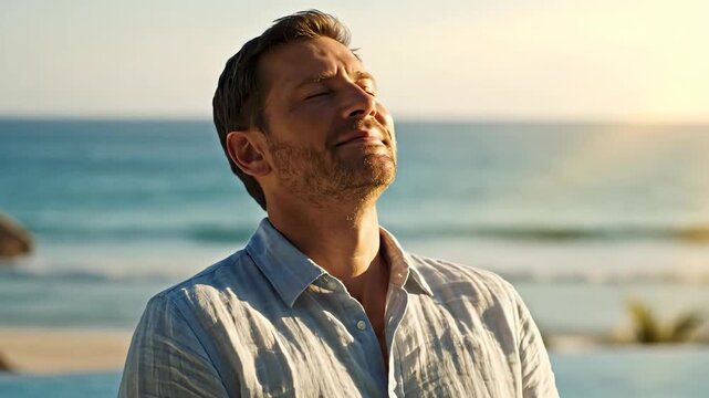 Man taking a deep breath and relaxing on a beach at sunset. Male tourist exhaling with eyes closed near the ocean. Stress relief and mental health concept