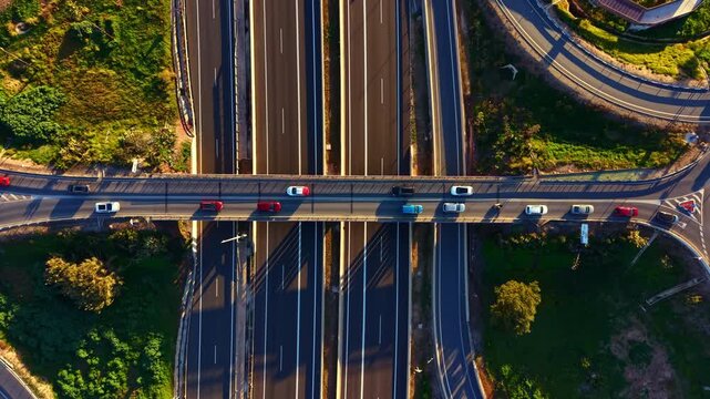 Vehicles drive along multiple lanes on highways in a busy urban setting. The scene shows a bridge connecting different road paths with greenery surrounding the area.