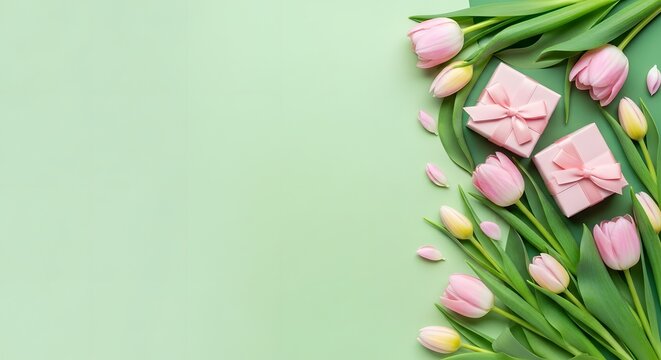 Pink tulips and gift boxes on light green background