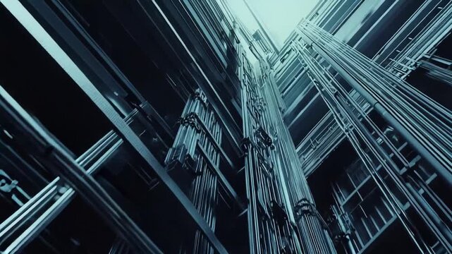 Abstract metal structure forming a complex grid, with multiple layers of bars and pipes creating an intricate, futuristic, and technological background, symbolizing innovation and complexity
