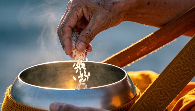 Close-up of elderly hands placing rice into monk alms bowl at dawn. Golden sunlight, wrinkled skin