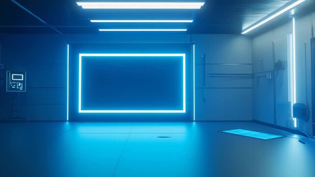 Futuristic laboratory interior showcasing advanced technology with glowing blue neon lights, creating a modern and high tech atmosphere indicative of digital innovation and cybersecurity concepts