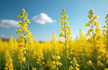 Obraz premium Vast yellow rapeseed flower field under bright blue sky with fluffy clouds. Blooming oilseed plants grow abundantly across rural landscape. Agricultural crop blooms in spring.