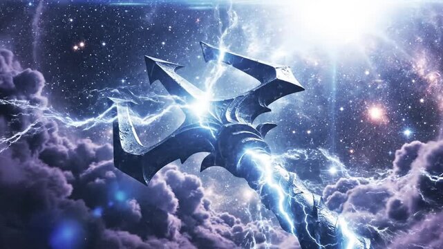 Mystical trident with electric lightning in cosmic starry sky