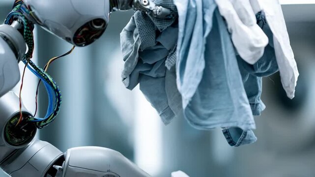 Adaptive robots equipped with sensors and AI technology organizing laundry items by type and fabric enhancing sorting accuracy in a hightech environment.