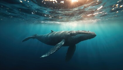 Fototapeta premium Humpback whale swims in deep blue ocean water. Sunlight shines through surface water creating light beams. Aquatic mammal glides below sea surface peacefully.