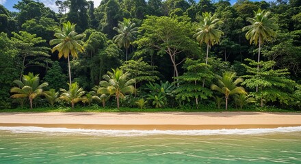 Obraz premium Tropical Clear Ocean Beach with Dense Jungle