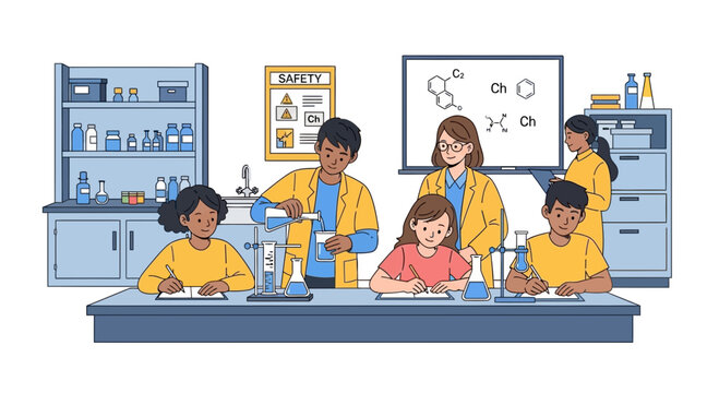 Students conducting experiments in a laboratory setting with equipment and safety gear