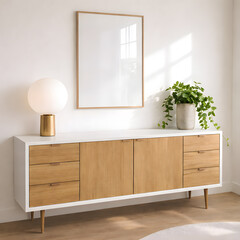 Frame Mockup Above Wooden Sideboard with Lamp and Plant in Minimal Scandinavian Interior