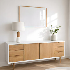 Frame Mockup Above Wooden Sideboard with Lamp and Plant in Minimal Scandinavian Interior