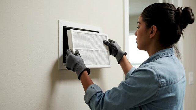 A woman carefully changes a dirty air filter in her home, conveying a sense of responsibility and proactive home maintenance. Ideal for illustrating a