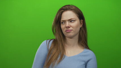Fototapeta premium Woman wearing blue top scowls with pouty lips and long hair and turns head sideways in green studio; disgust.