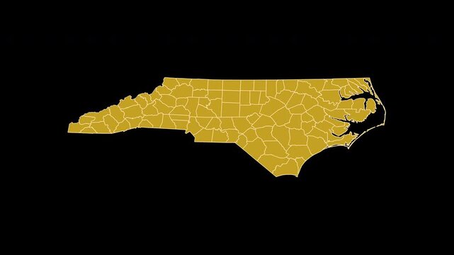 North Carolina USA Gold Map 3D Animation Alpha Channel Transparent Background 4K UHD ProRes 60fps
