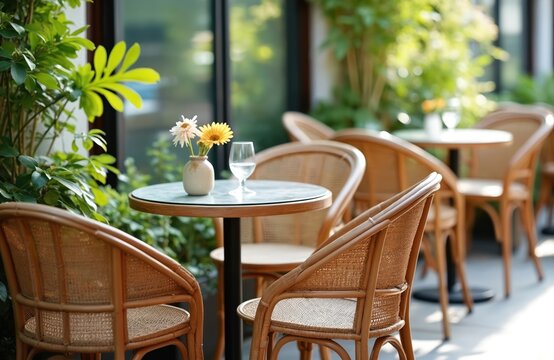 Wicker chairs and tables set up on an outdoor cafe terrace. A vase with flowers and a glass of water sit on a table. Green plants surround the dining area. Nobody is present in this pleasant scene.