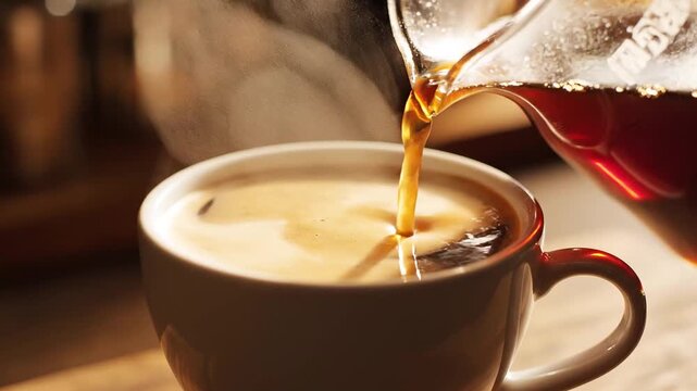 Freshly brewed aromatic coffee with rising steam and crema, slow motion pour.
