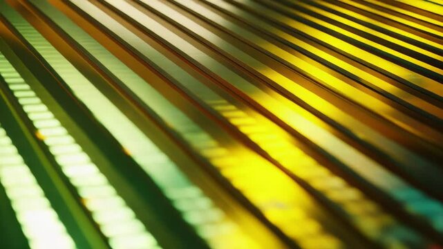 Abstract sound waves creating a pattern of glowing parallel lines and colorful light bars, representing modern music technology and digital audio visualization