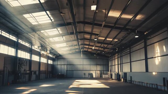 Spacious industrial building interior showcasing an expansive empty floor with bright sunlight streaming through skylights and windows, creating dramatic shadows across the concrete surface