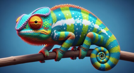 Obraz premium Vibrant colorful chameleon perched on wooden branch showcasing striking pattern and detailed texture in serene natural environment setting outdoors.