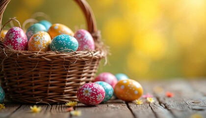 Fototapeta premium Wicker basket overflows with colorful ornate Easter eggs, some rest on rustic wooden table. Small flowers scatter around, bright spring background.