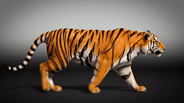 A majestic tiger walks across a neutral background, showcasing its powerful build and striking orange and black stripes