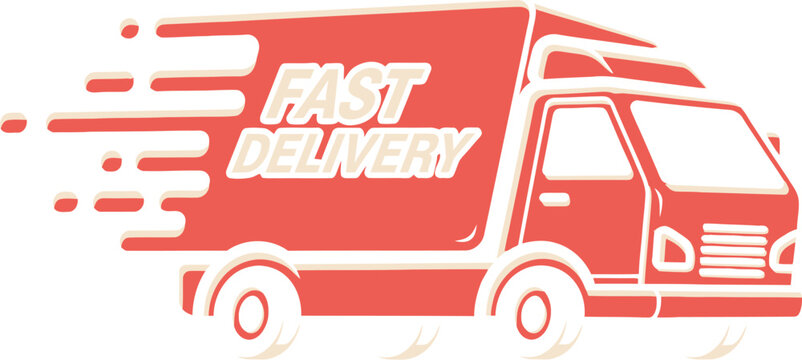 Stylized illustration depicting a vibrant red delivery truck moving rapidly to signify urgent and expedited shipment services across dark backgrounds for maximum impact.