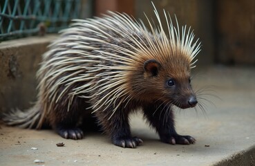 Fototapeta premium Malayan porcupine animal, spiny rodent with sharp quills, walks on rough ground. It has dark fur, long snout, and alert eyes. Wild mammal defends itself with prickly defense.