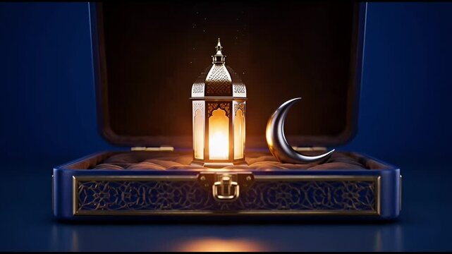  Eid Mubarak gift box glowing lantern light and crescent moon