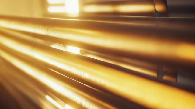 Golden metallic pipes forming a repeating linear structure, capturing light reflections and creating a bright, abstract pattern with a sense of energy and connection