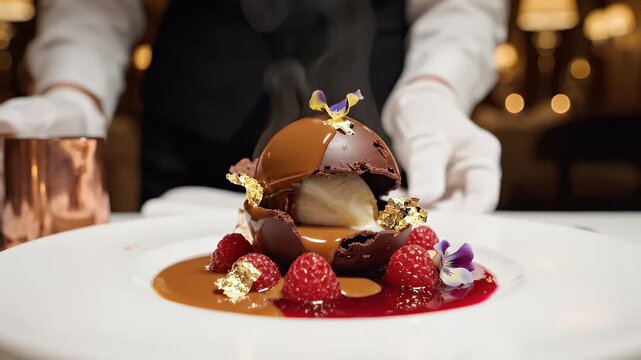 Chef pouring sauce onto a gourmet dessert with artistic presentation