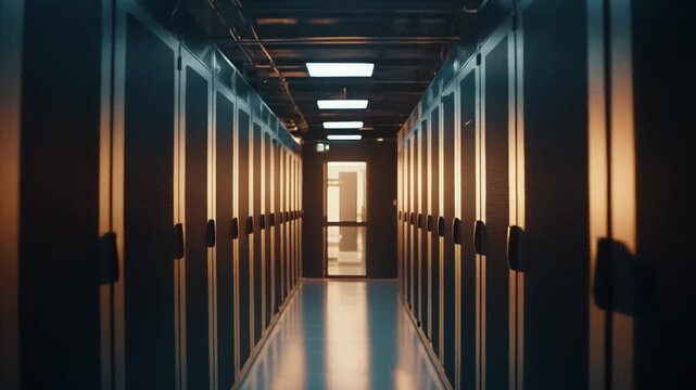 Server room corridor with long rows of powerful racks, processing and storing vast amounts of data using advanced computer hardware, forming the backbone of cloud computing infrastructure