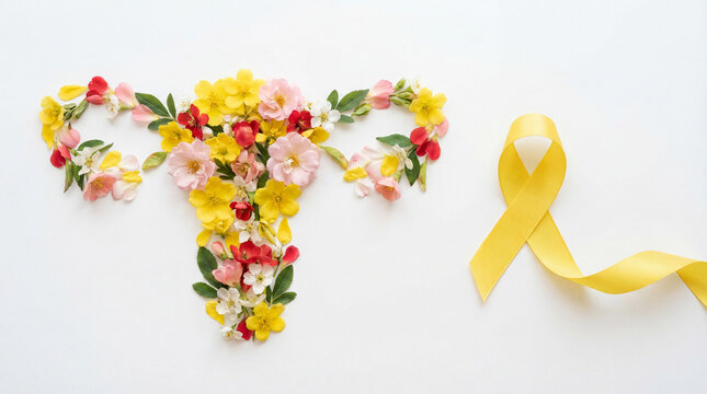 Flat lay of a human uterus shape artistically created from flowers  on a white background. Includes a yellow awareness ribbon for endometriosis and adenomyosis support