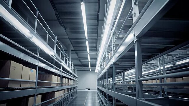 Large industrial facility storing cardboard boxes on extensive metal shelving, illustrating efficient logistics, supply chain management, and distribution processes
