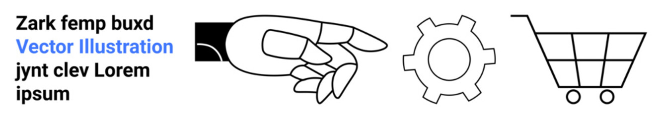 Hand gesture pointing at gear and shopping cart icon highlights workflow, decisions, and commerce. Ideal for business, teamwork, online shopping, strategy, collaboration, planning simple landing © robu_s