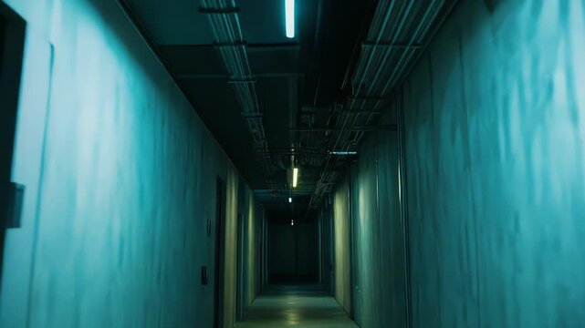 Dark long industrial corridor stretching into the distance with concrete walls, exposed pipes on the ceiling, and flickering blue tinted neon lights creating a mysterious and eerie atmosphere