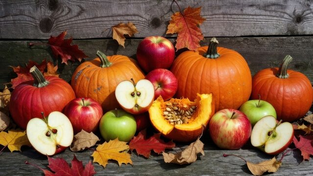 Autumn harvest with pumpkins and apples surrounded by colorful leaves.