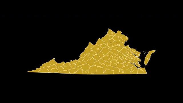 Virginia USA Gold Map 3D Animation Alpha Channel Transparent Background 4K UHD ProRes 60fps