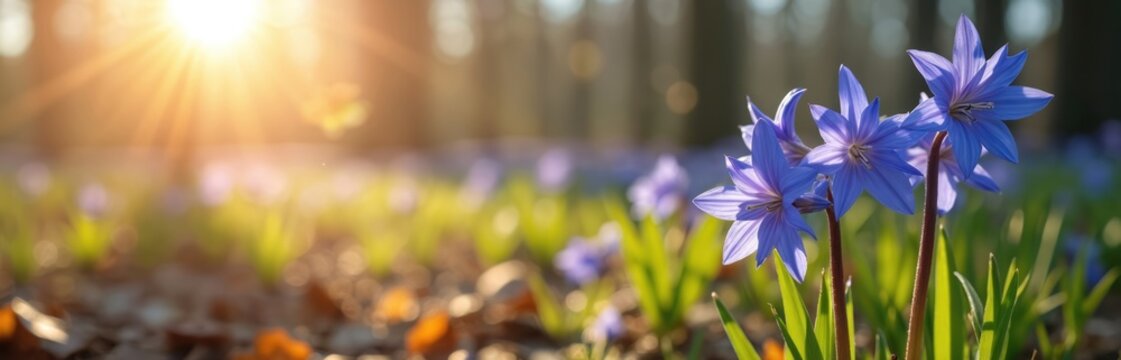 Blue scilla flowers bloom in forest glade bathed in warm sunlight. Green leaves unfurl, forest floor shows dry leaves. Spring awakening in nature scene.