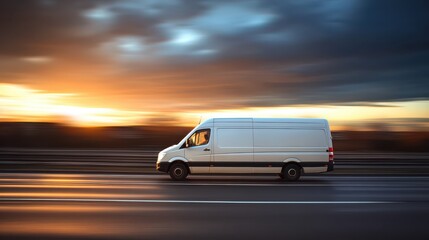 Obraz premium white delivery van on the highway at sunset