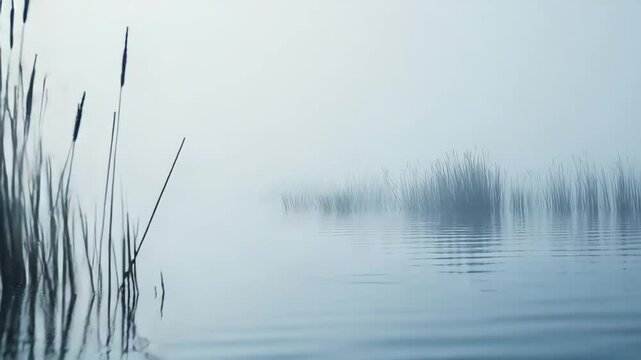 Reeds emerge from tranquil water, creating a serene and minimalist landscape, with a thick layer of fog diffusing the light during the quiet morning hours
