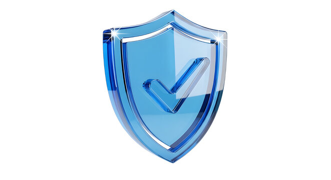 Blue glossy glass shield with a checkmark icon, symbolizing protection, security, and approval, rendered in a 3D style and isolated on a transparent background.