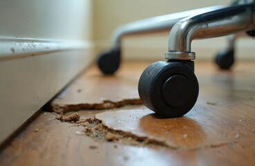 Obraz premium Office chair wheel breaks linoleum floor covering indoors. Furniture causes damage to home flooring. Indoor surface is worn out. Needs floor repair.